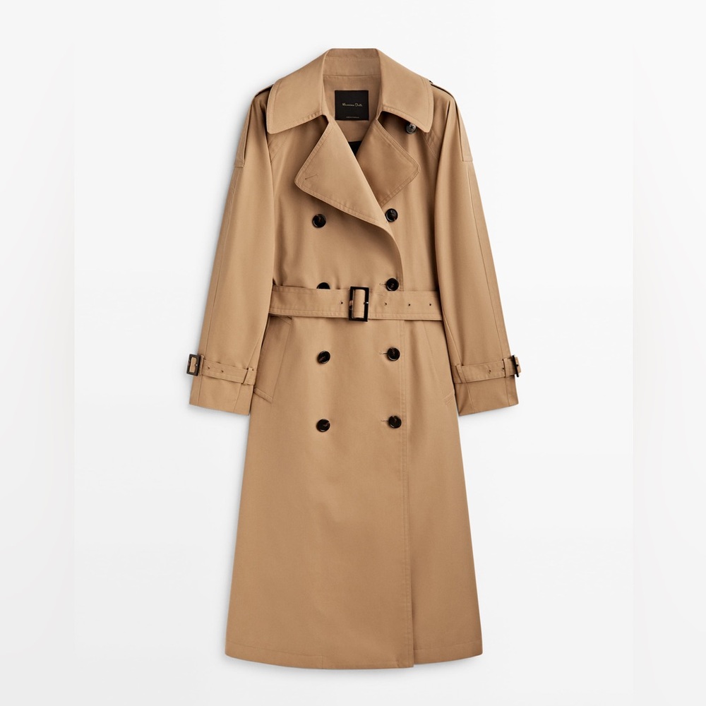 Massimo Dutti trench coat duster casual classic camel tan beige with belt